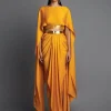 Mustard Metallic Top With Draped Skirt Set