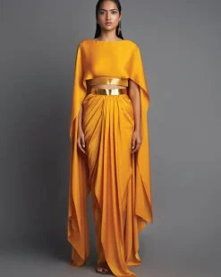 Mustard Metallic Top With Draped Skirt Set