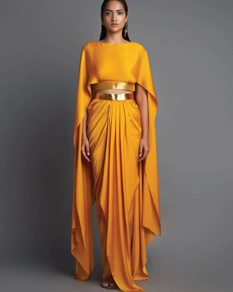 Mustard Metallic Top With Draped Skirt Set