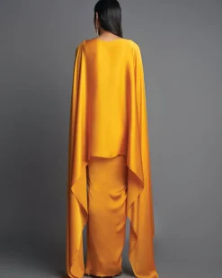 Mustard Metallic Top With Draped Skirt Set