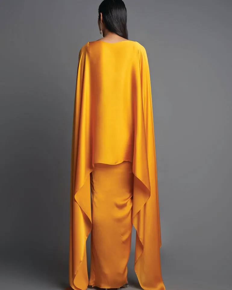 Mustard Metallic Top With Draped Skirt Set