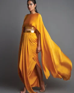Mustard Metallic Top With Draped Skirt Set