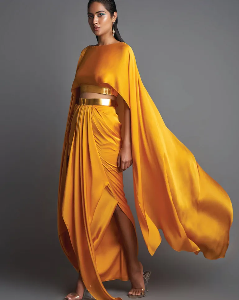 Mustard Metallic Top With Draped Skirt Set