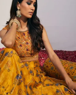 Mustard Printed Kalidar Lehenga Set