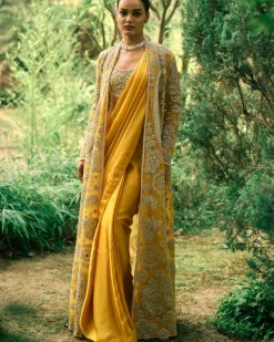 Mustard Sari And Jacket Set
