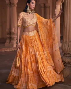 Mustard Thikri Print & Highlighted Lehenga Set