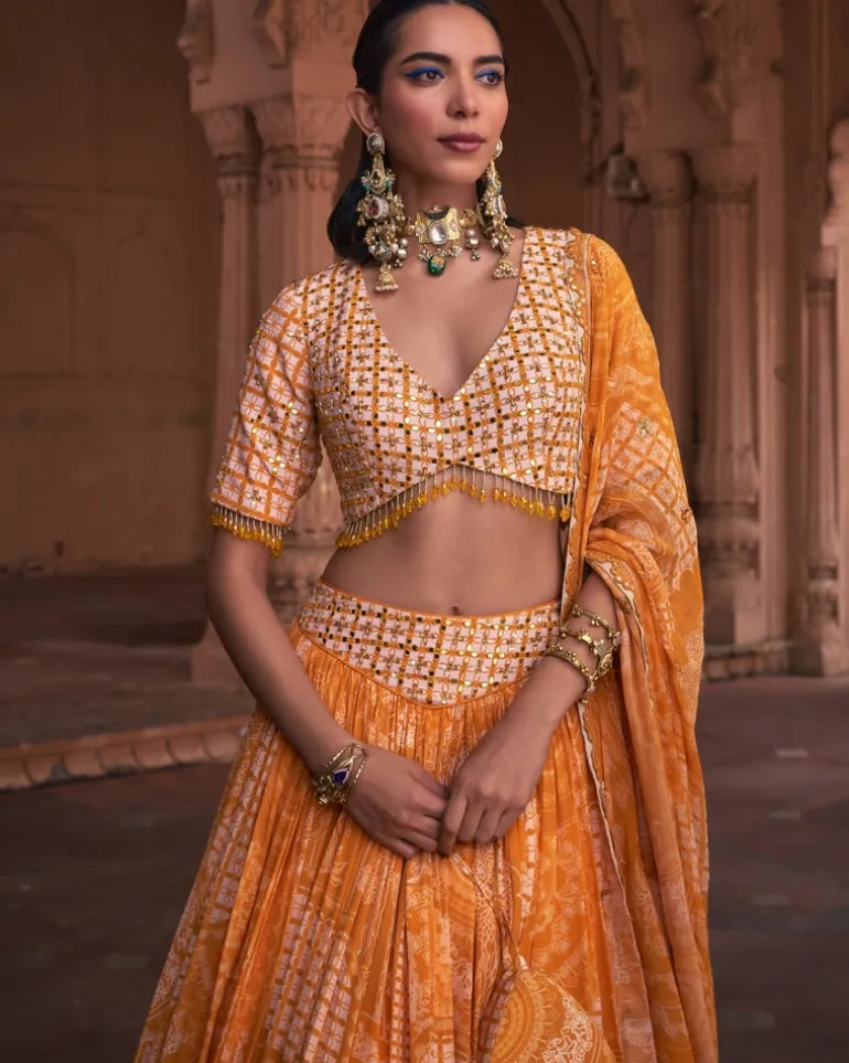 Mustard Thikri Print & Highlighted Lehenga Set