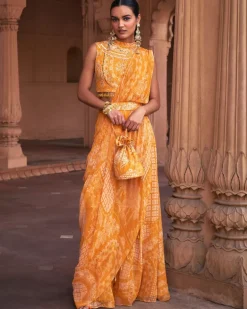 Mustard Thikri Print and Highlighted Pant Sari Set