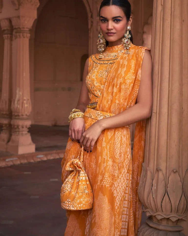 Mustard Thikri Print and Highlighted Pant Sari Set