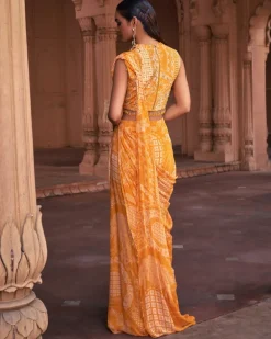 Mustard Thikri Print and Highlighted Pant Sari Set