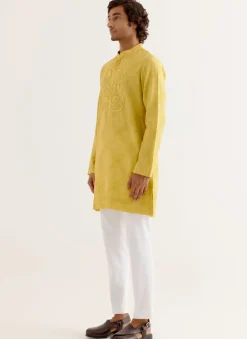 Mustard Yellow Block Printed Dori Embroidered Kurta Set