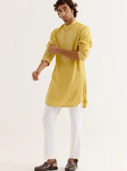 Mustard Yellow Silk Satin Dori Embroidered Kurta Set