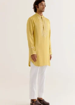 Mustard Yellow Silk Satin Dori Embroidered Kurta Set