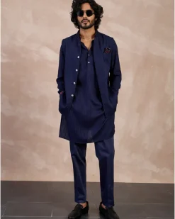 Navy Basic Pin tucks Nehru Jacket Set