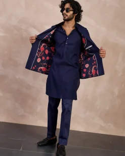 Navy Basic Pin tucks Nehru Jacket Set