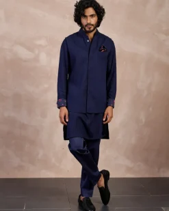 Navy Basic Pin tucks Nehru Jacket Set