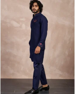 Navy Basic Pin tucks Nehru Jacket Set