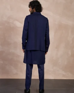 Navy Basic Pin tucks Nehru Jacket Set