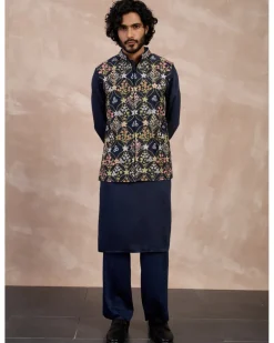 Navy Bloom Nehru Jacket Set
