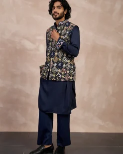 Navy Bloom Nehru Jacket Set