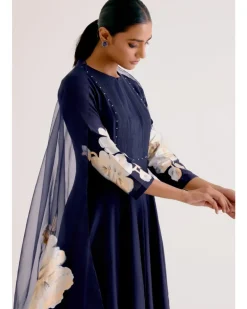 Navy Blue Cotton Silk Blend Hand-Painted Anarkali Set
