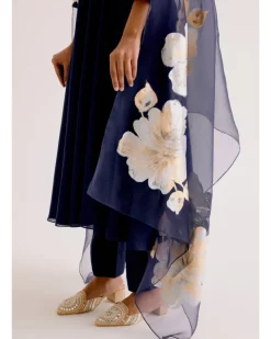 Navy Blue Cotton Silk Blend Hand-Painted Anarkali Set
