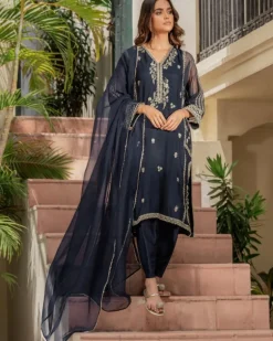 Navy Blue Embroidered Raya Kurti Set