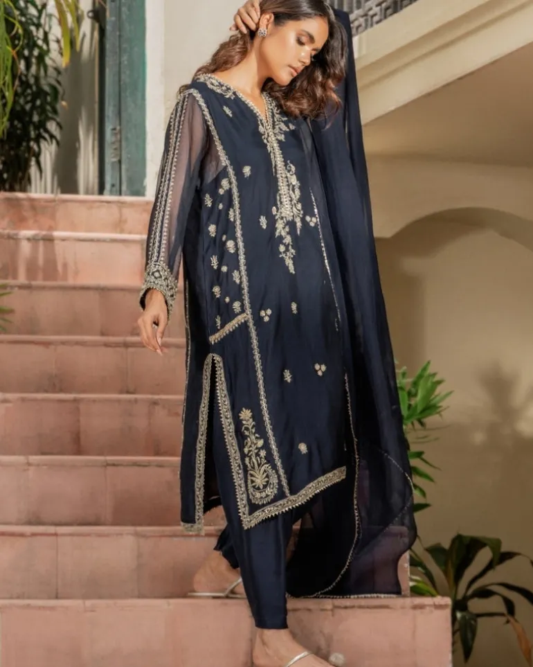 Navy Blue Embroidered Raya Kurti Set