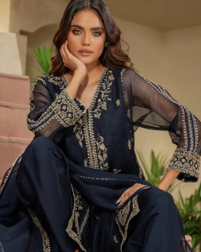 Navy Blue Embroidered Raya Kurti Set