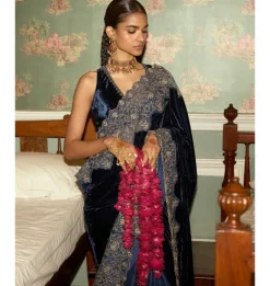 Navy Blue Embroidered Velvet Sari Set