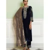 Navy Blue Embroidered Velvet Straight Kurta Set