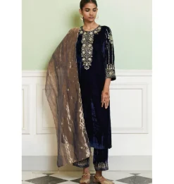 Navy Blue Embroidered Velvet Straight Kurta Set