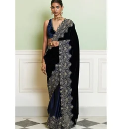 Navy Blue Embroidered Velvet Sari Set