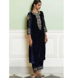 Navy Blue Embroidered Velvet Straight Kurta Set