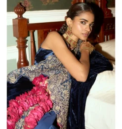 Navy Blue Embroidered Velvet Sari Set