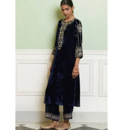Navy Blue Embroidered Velvet Straight Kurta Set