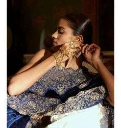 Navy Blue Embroidered Velvet Sari Set