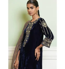 Navy Blue Embroidered Velvet Straight Kurta Set