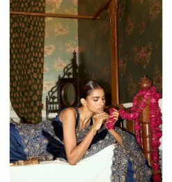 Navy Blue Embroidered Velvet Sari Set