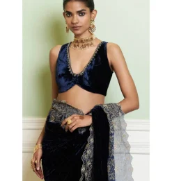 Navy Blue Embroidered Velvet Sari Set