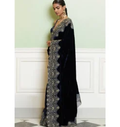 Navy Blue Embroidered Velvet Sari Set