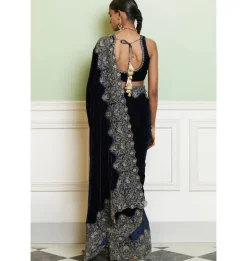 Navy Blue Embroidered Velvet Sari Set