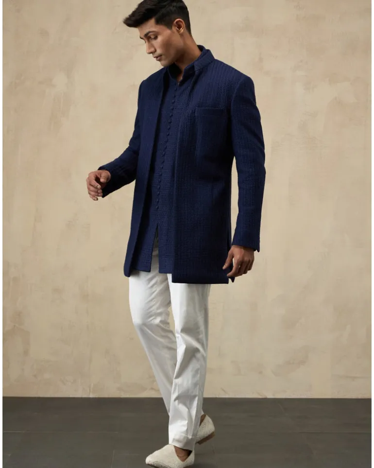 Navy Blue Jaal Luppi Button Kurta Set