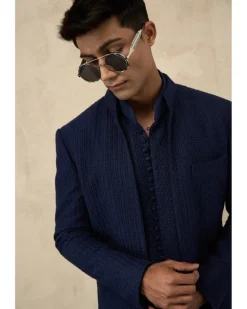 Navy Blue Jaal Luppi Button Kurta Set