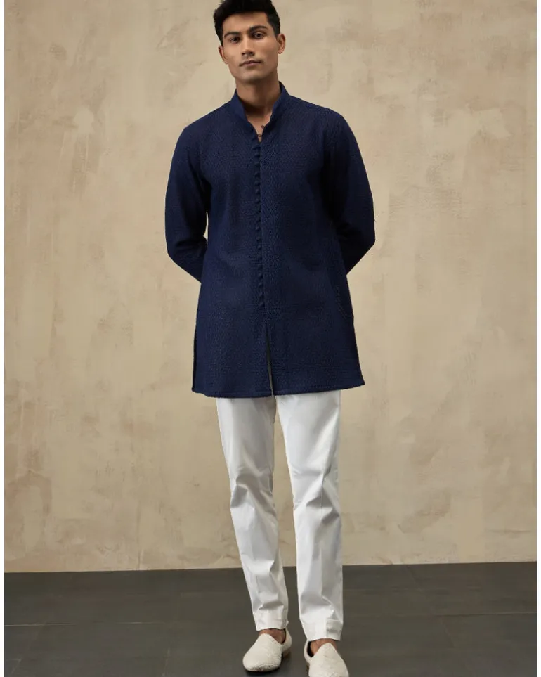 Navy Blue Jaal Luppi Button Kurta Set