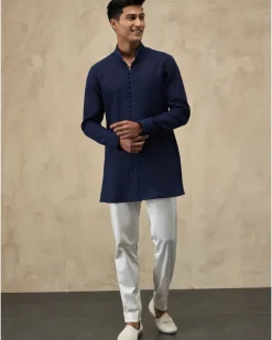 Navy Blue Jaal Luppi Button Kurta Set