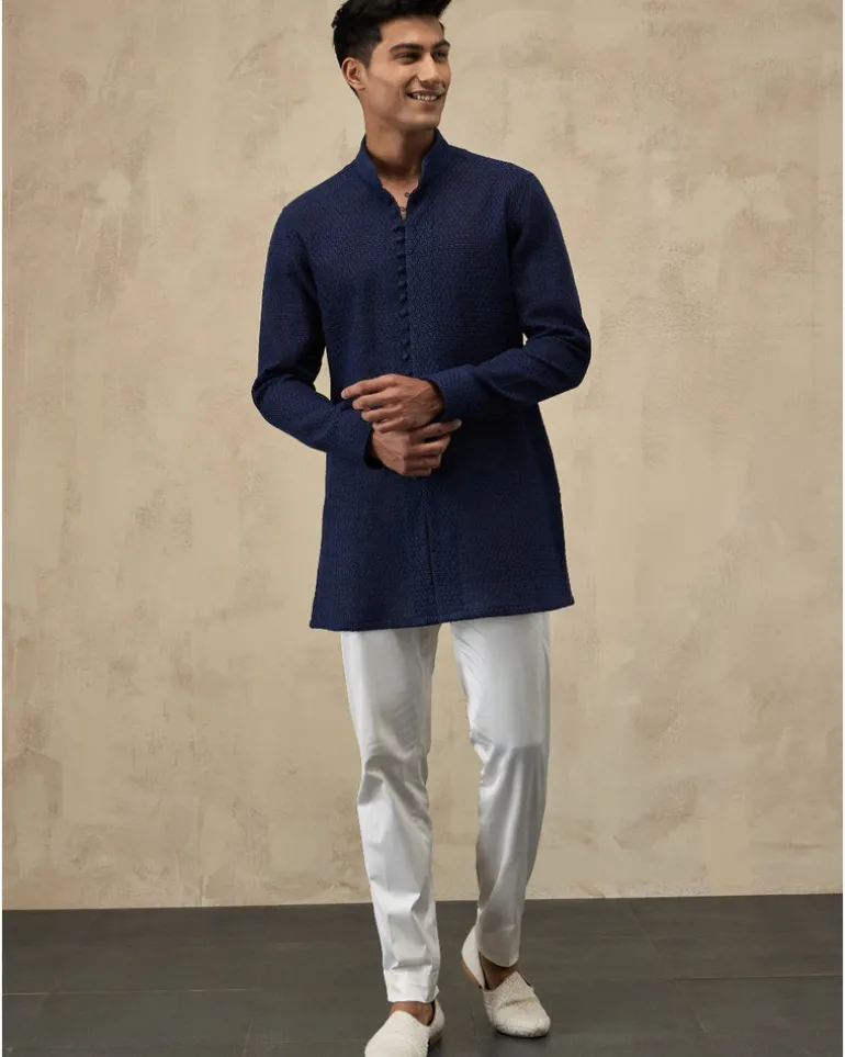 Navy Blue Jaal Luppi Button Kurta Set