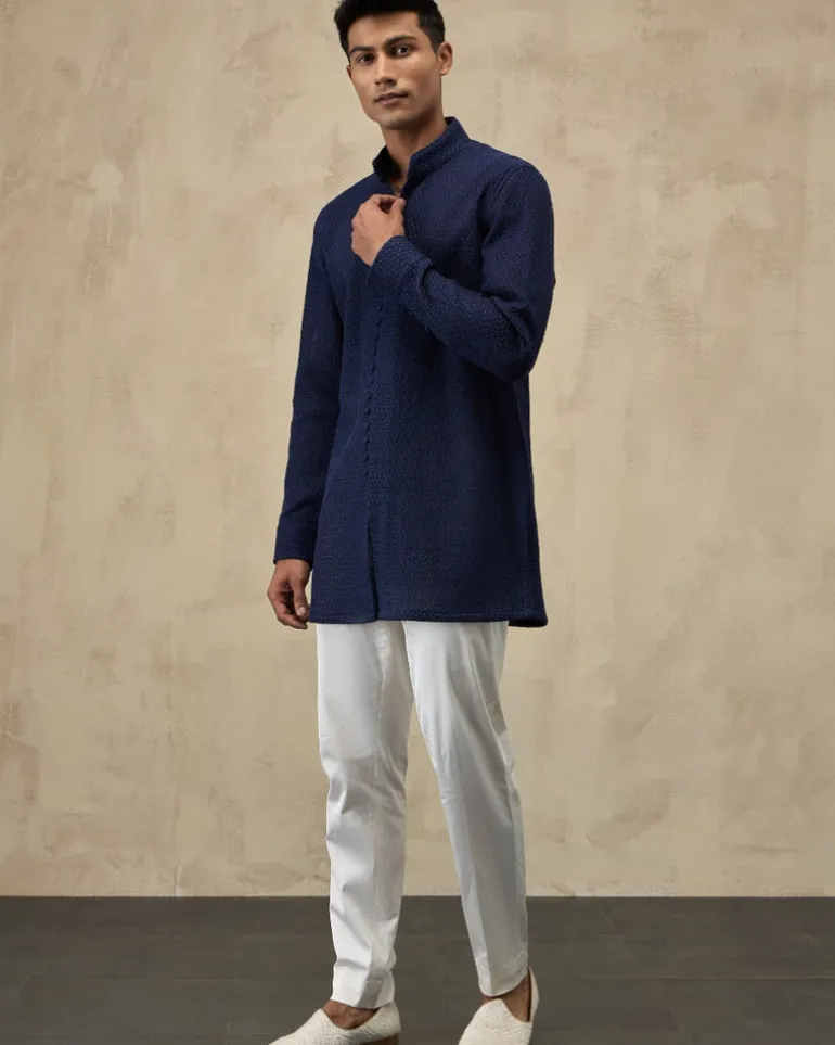 Navy Blue Jaal Luppi Button Kurta Set