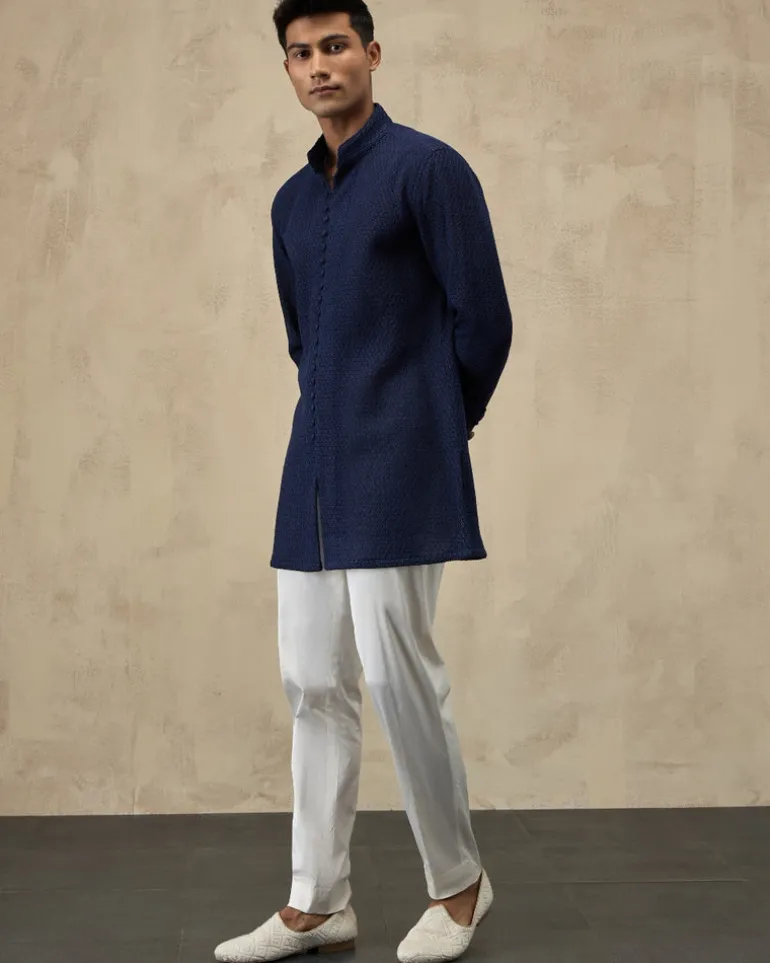 Navy Blue Jaal Luppi Button Kurta Set