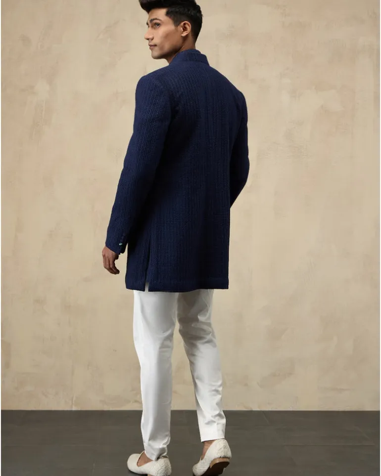 Navy Blue Jaal Luppi Button Kurta Set